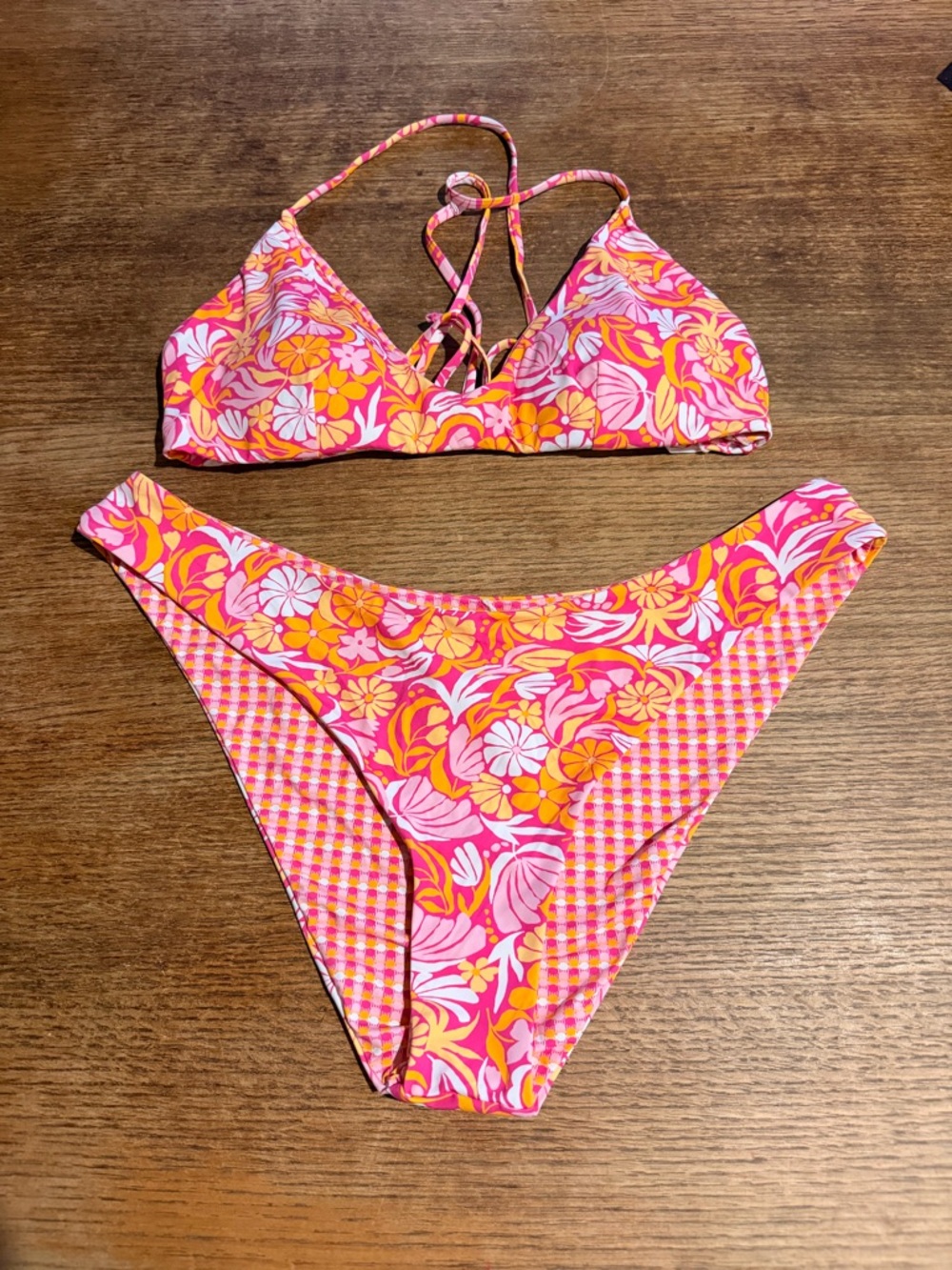 Roxy Pink Orange Floral Tie-Back Bikini